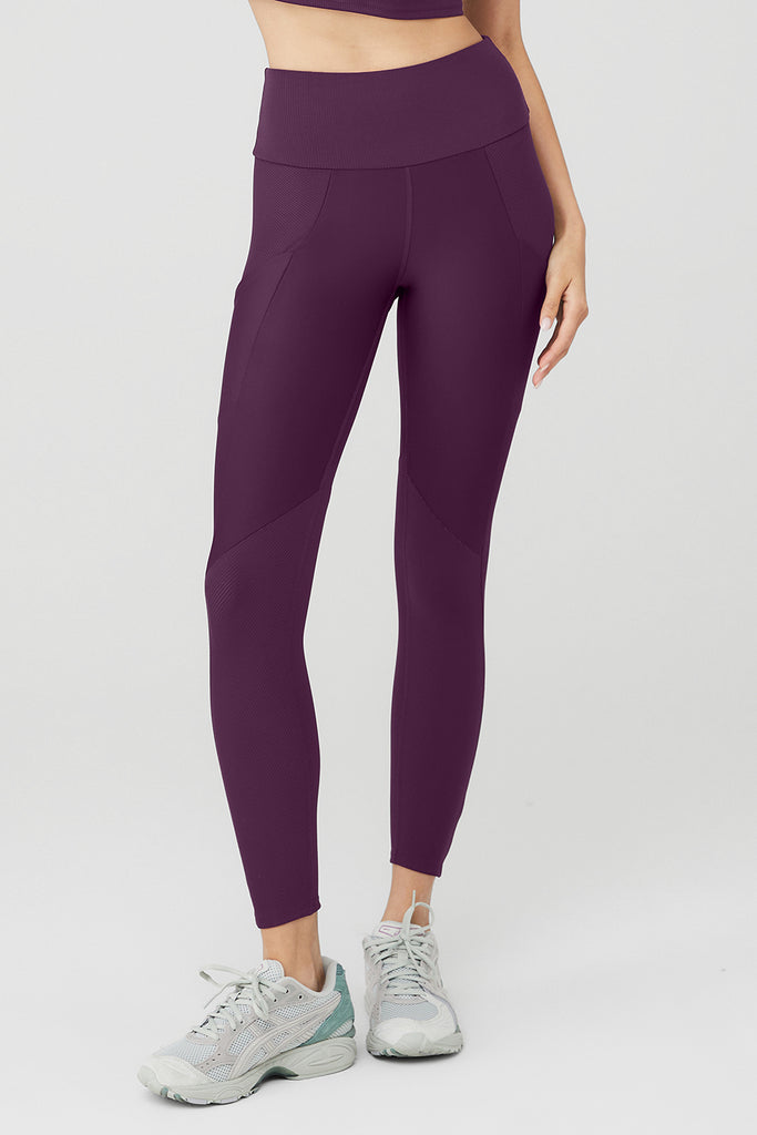 ALO Yoga purple Goddess mid rise ribbed ruched colorblock barre leggings