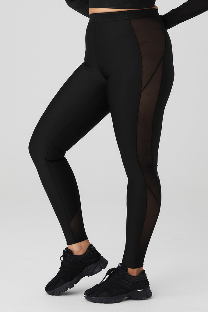 ALO Yoga— Luminous Mesh Performance Leggings, black, size XS