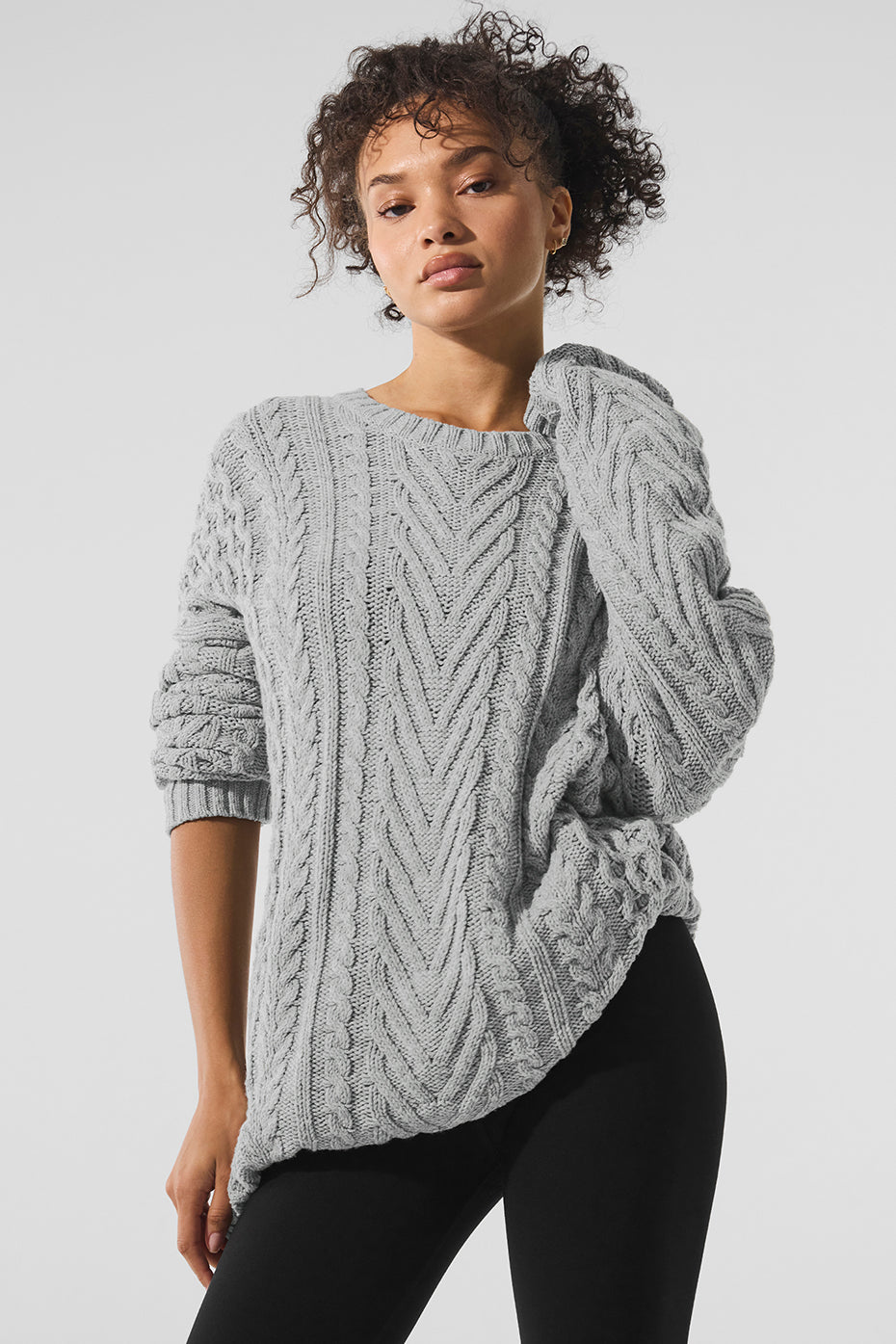 Cable Knit Crew Neck Sweater - Athletic Heather Grey