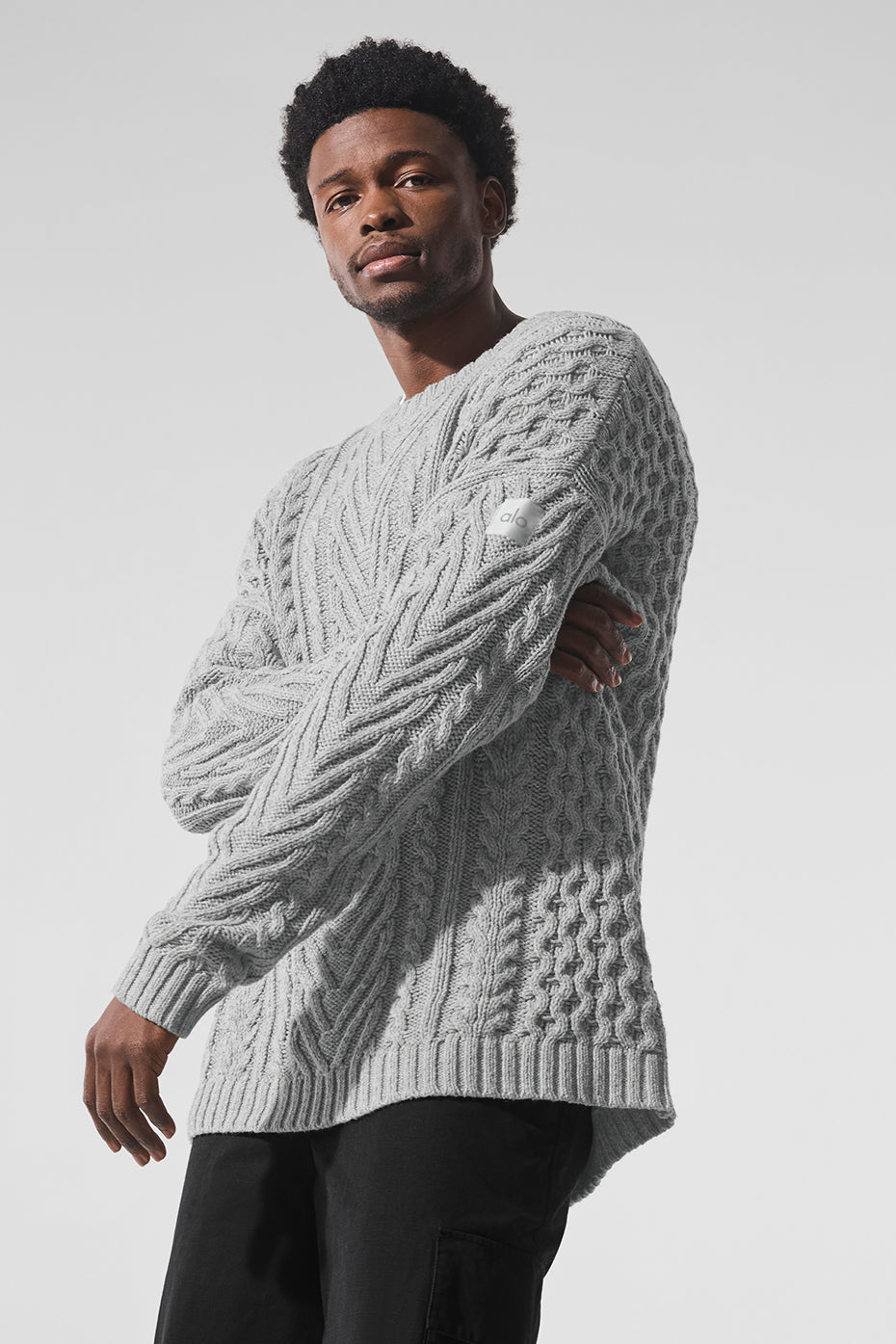 Cable Knit Crew Neck Sweater - Athletic Heather Grey