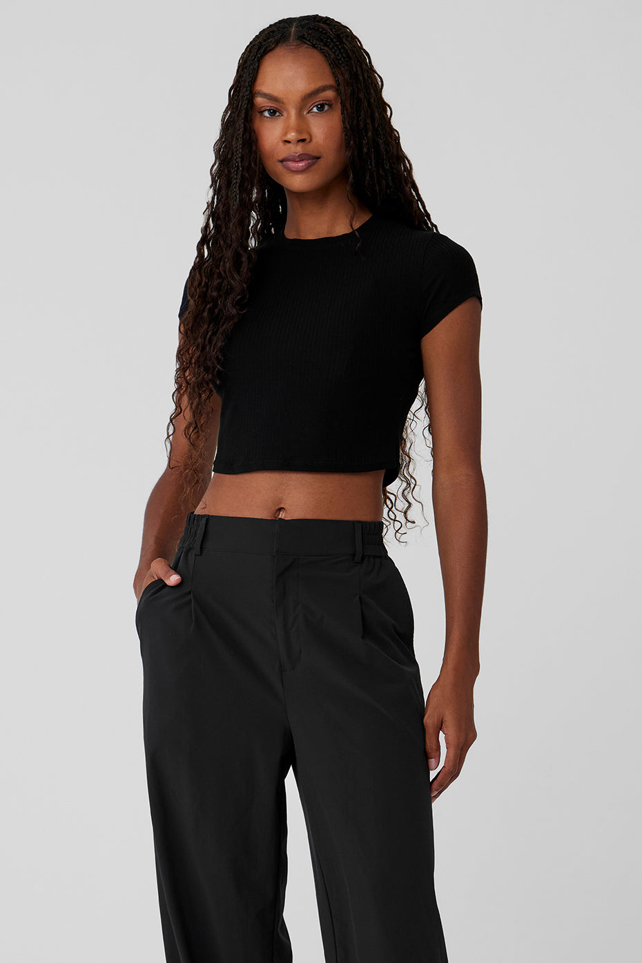 Ribbed Sea Coast Cropped Short Sleeve Tee Black Alo Yoga