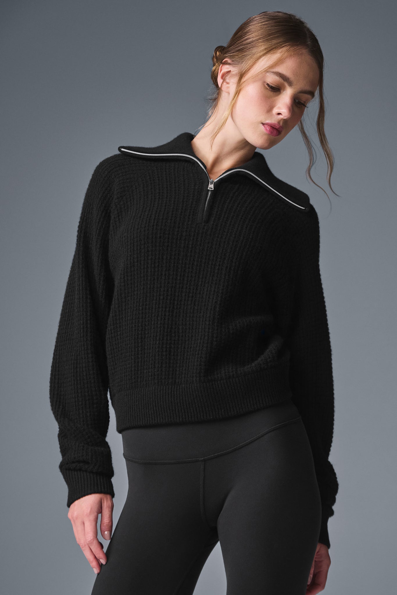 Cashmere Plush Waffle 1/4 Zip Pullover - Black