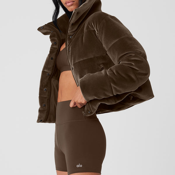 Ribbed Velour Gold Rush Puffer Jacket in Hot Cocoa by Alo Yoga - Work Well  Daily