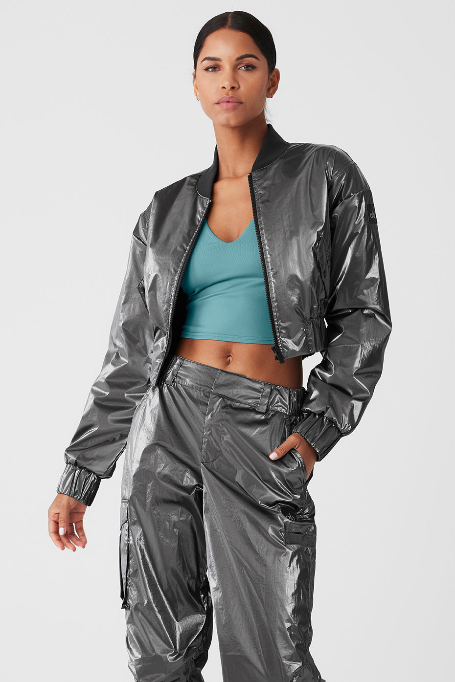 Metallic Cropped Break Line Bomber Jacket Silver Metallic Alo Yoga