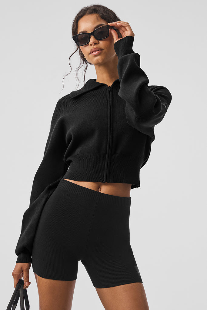 Scholar Knit Cropped Full Zip Jacket - Black | Alo Yoga