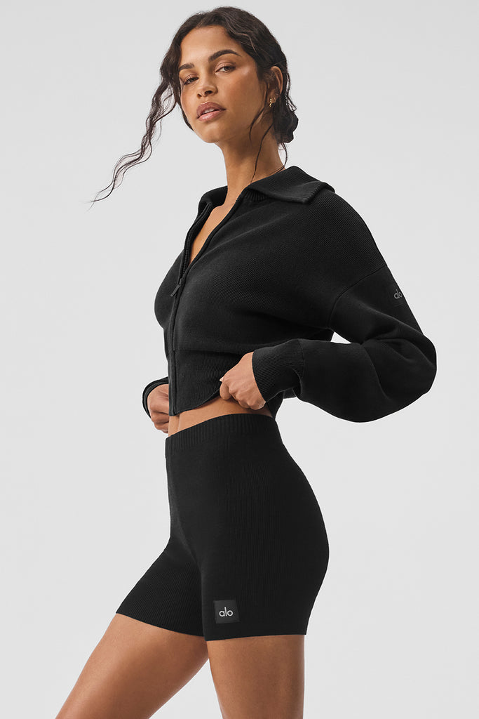 Scholar Knit Cropped Full Zip Jacket - Black | Alo Yoga