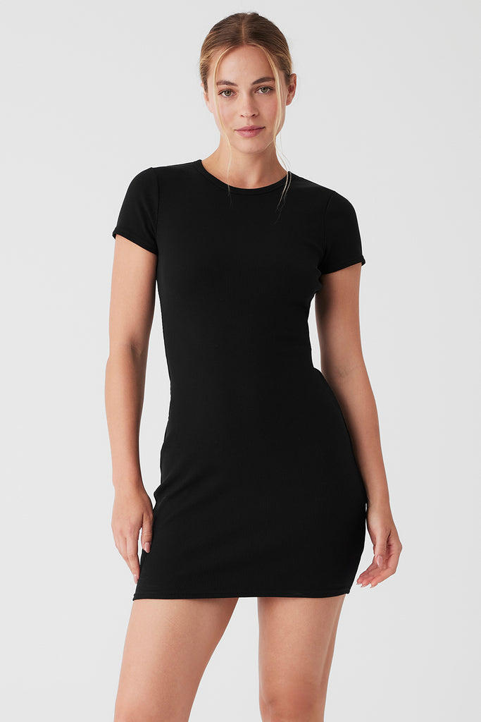 Goddess Ribbed Short Sleeve Dress - Black | Alo Yoga
